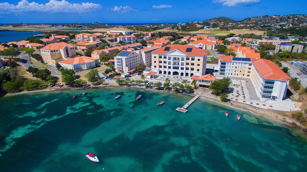 Campus of St. George's University, showing beach and coastal waters