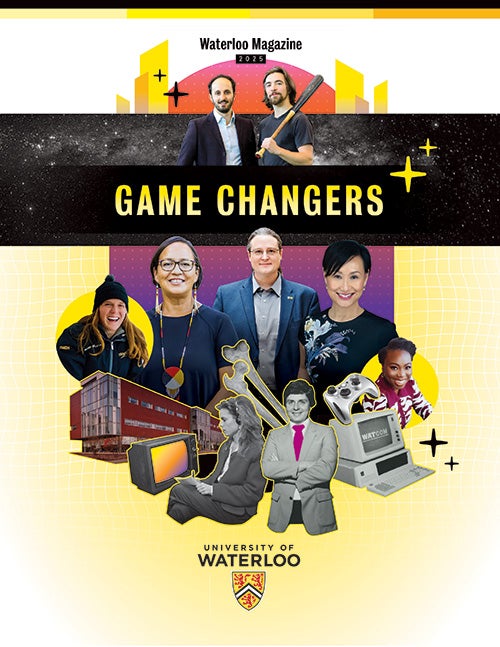 Waterloo Magazine 2025 cover featuring a collage of researchers and alumni