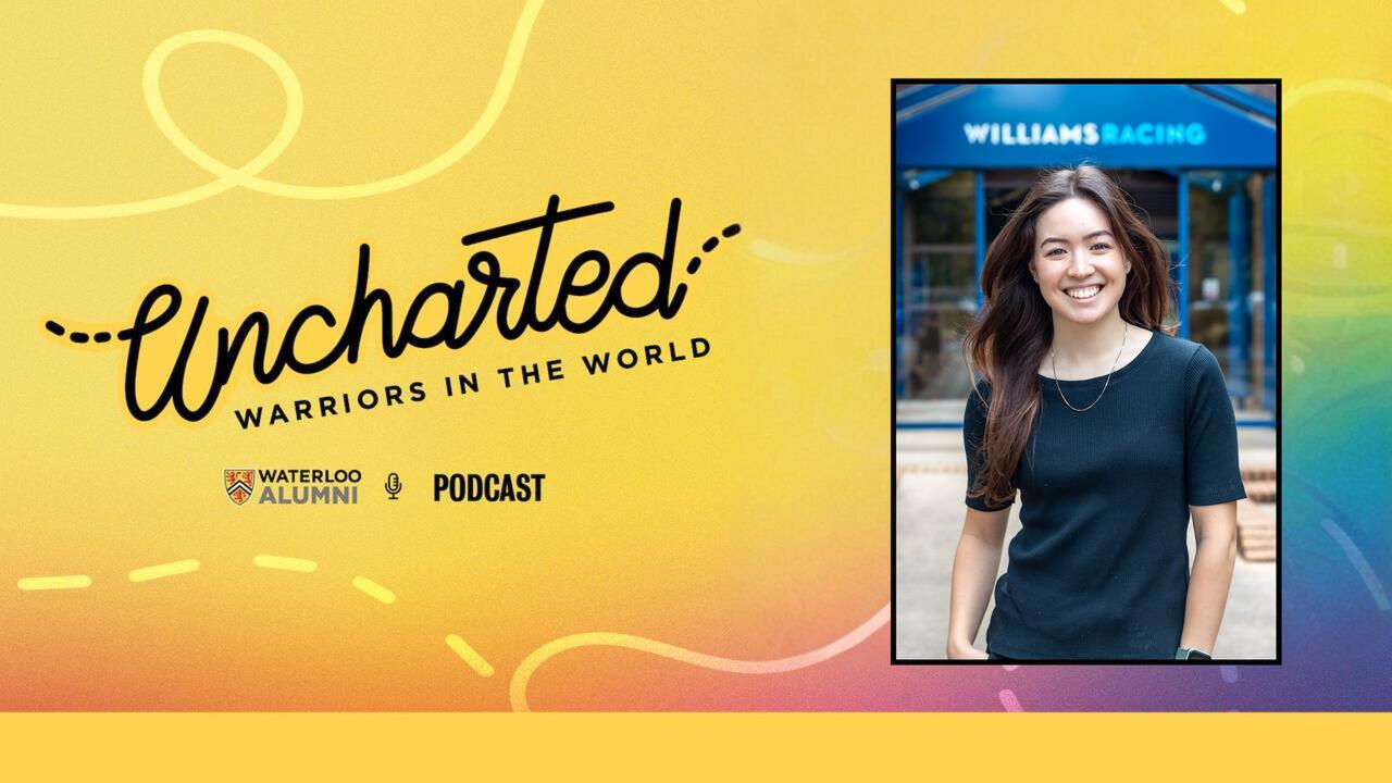Christina Sullivan on a decorative background with the podcast name, Uncharted