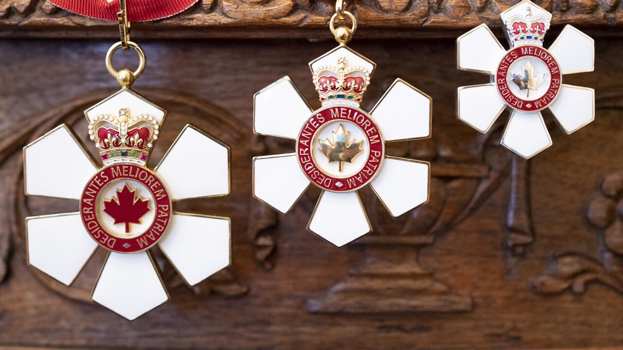 Insignia for Companion, Officer and Member of the Order of Canada against a wood backdrop
