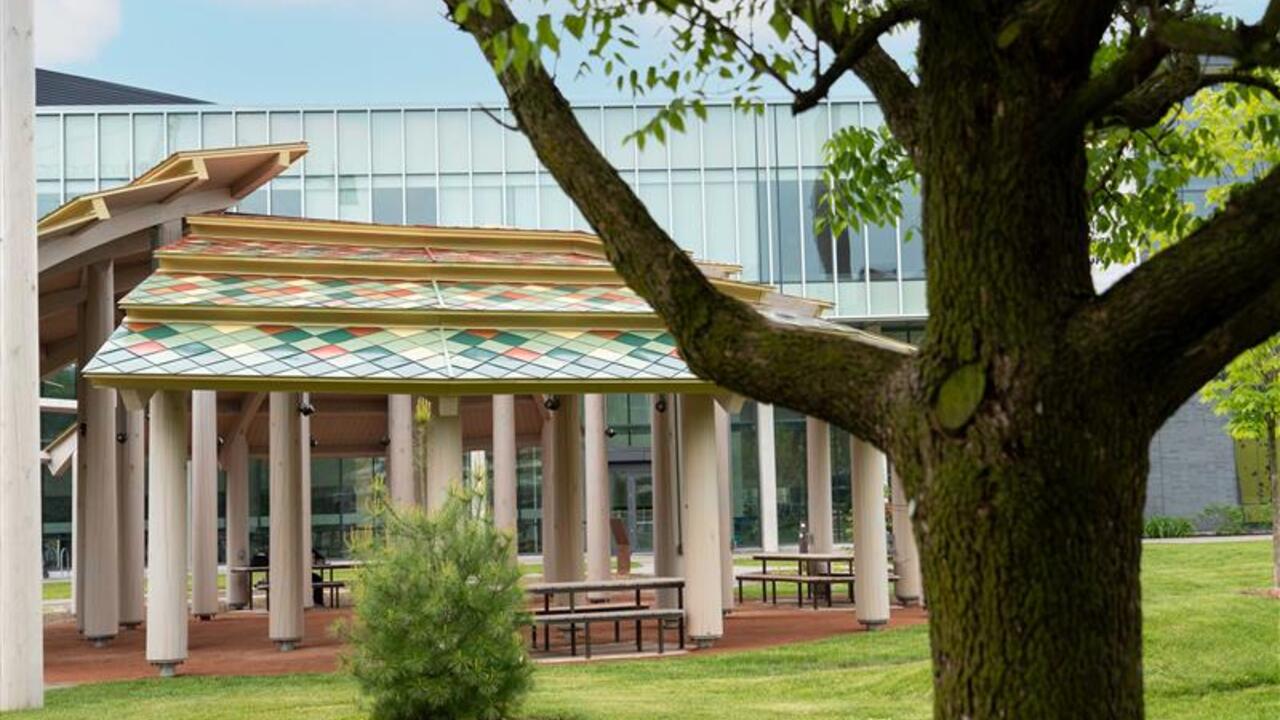 A beautiful indigenous-inspired pavilion on a summer's day