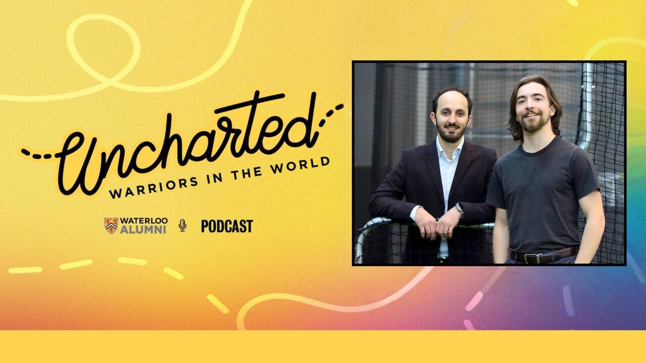 Joshua and Rowan on a decorative banner for the Uncharted podcast