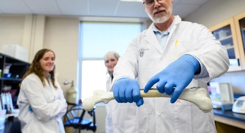 3d printed bone held by researcher