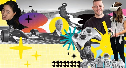 Illustration with colourful gradient shapes with collage of people on top
