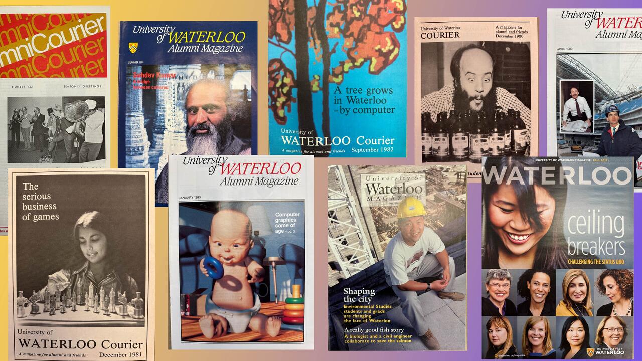 A collage of old Waterloo Magazine covers