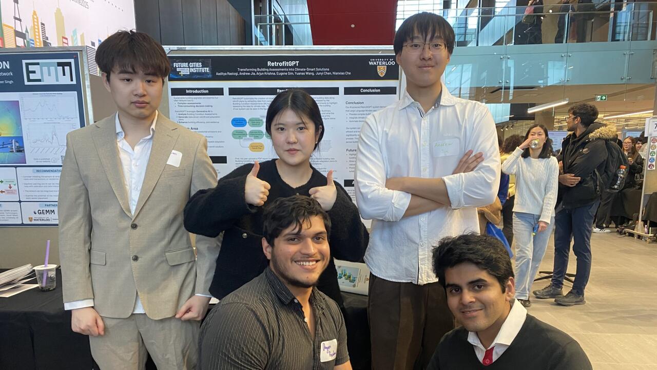 Oliver Chen, Eugene Sim, Andrew Jia, Arjun Krishna and Aaditya Rastogi showcasing their work. 