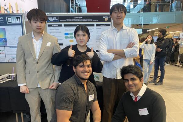 Oliver Chen, Eugene Sim, Andrew Jia, Arjun Krishna and Aaditya Rastogi showcasing their work. 