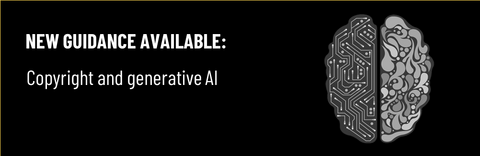 New guidance available: Copyright and generative AI, image of a brain split between a circuit board and creative swooshes