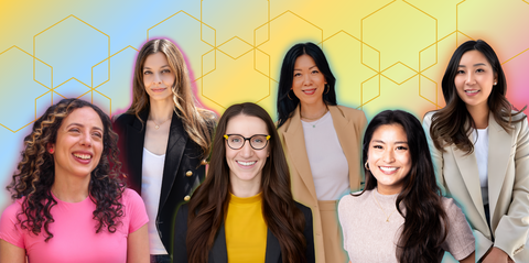 6 women in front of blue, yellow, pink gradient background