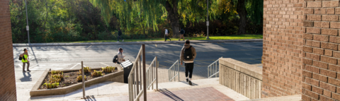 Students walking into the Needles Hall building and around Ring Road