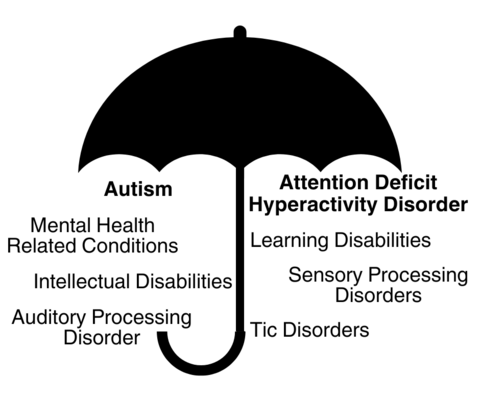 Black umbrella covering text of the diverse types of neurodivergence