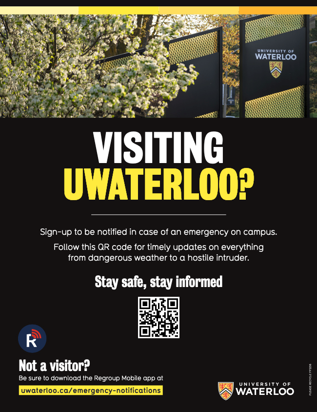 A poster asking visitors to campus to scan a QR code
