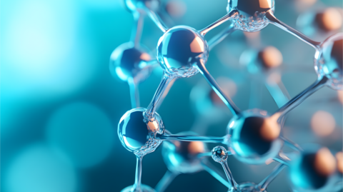 Close-up visualization of a molecular structure with interconnected spheres and rods, set against a blue gradient background, symbolizing scientific innovation and research